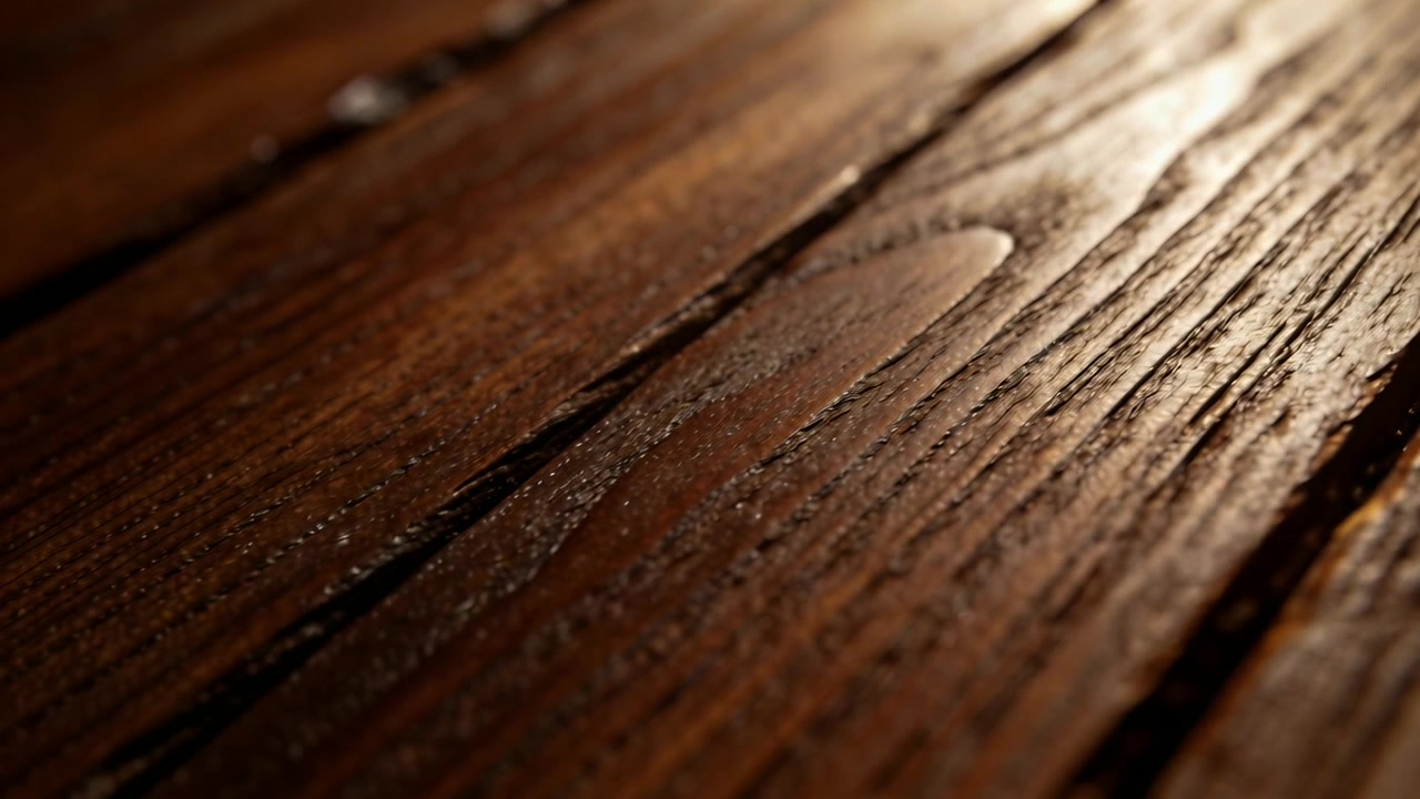Telecamera macro scorrevole che rivela una tavola di legno lucida in studio, mostrando le venature, perline sotto un caldo bagliore