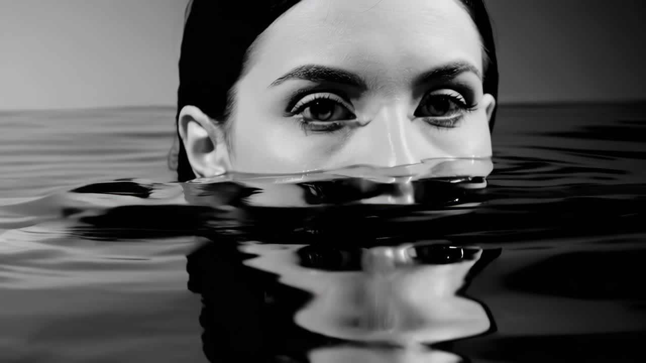 Black and White Portrait of Woman Submerged in Water