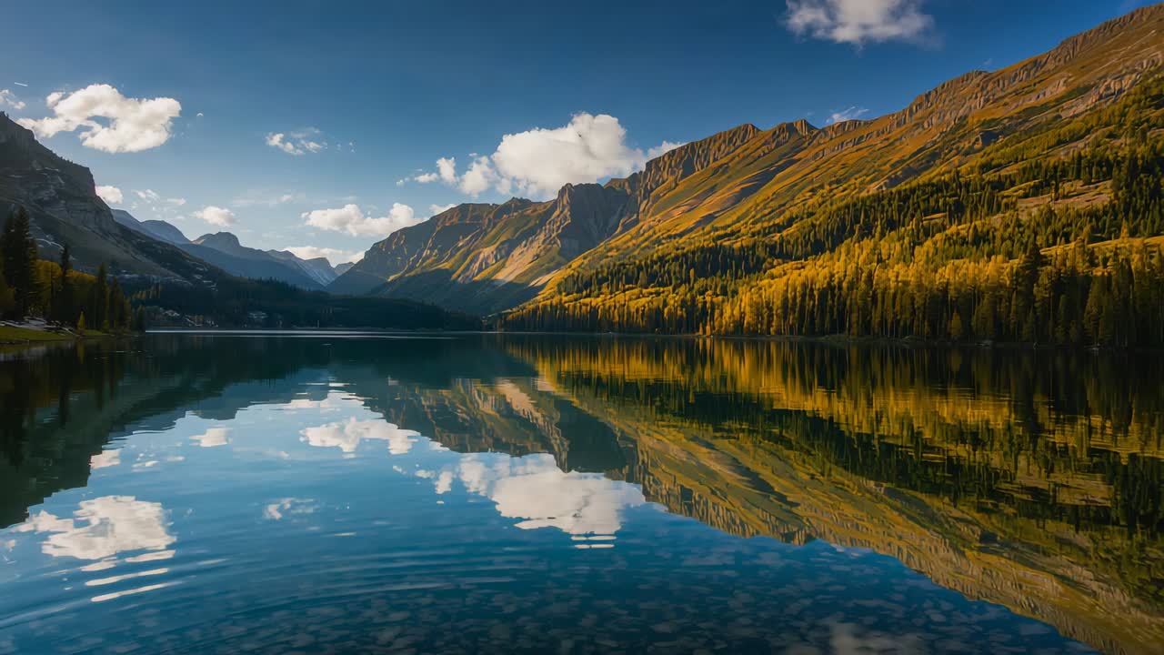 Drifting clouds and rippling alpine lake reflecting mountain ridges in valley, with golden trees