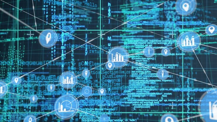 Animation of network of digital icons and data processing against blue background