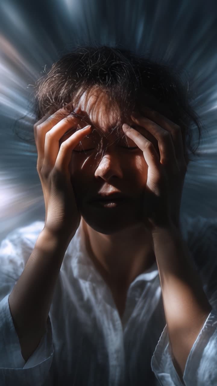 A woman in emotional distress, gripping her head with both hands, surrounded by a mesmerizing burst of light effects, symbolizing inner turmoil and struggle