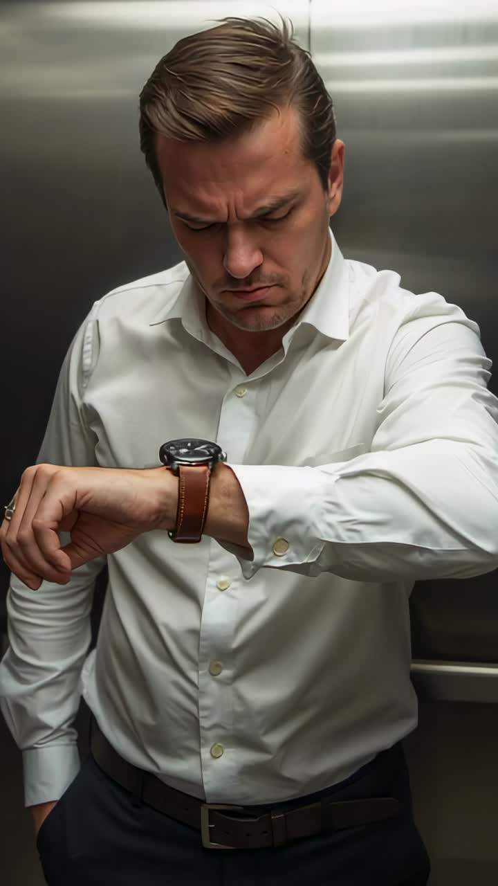 Vertical video: Checking wristwatch, man in white shirt looking up in elevator, awaiting stop