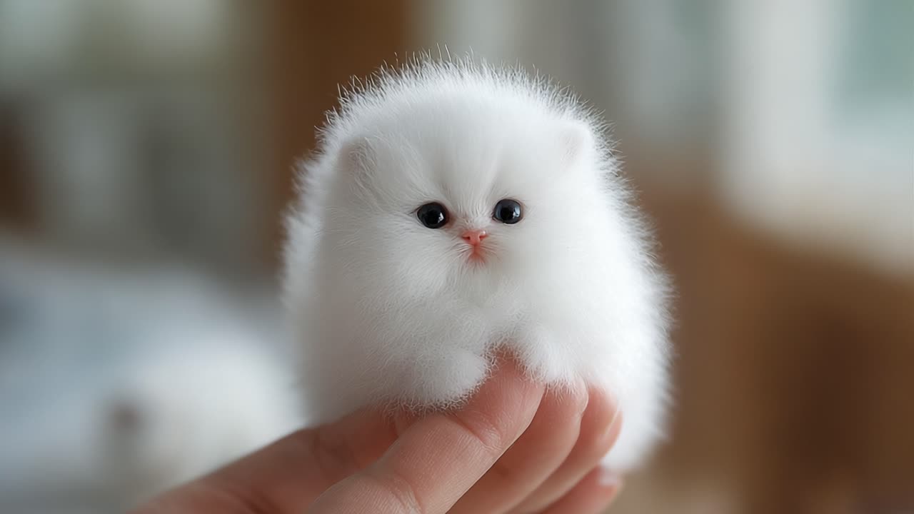 Adorable and Fluffy White Kitten Captured in Two Frames: The Journey from Hand to Heart, Showcasing Its Cuteness, Charm, and Playful Spirit