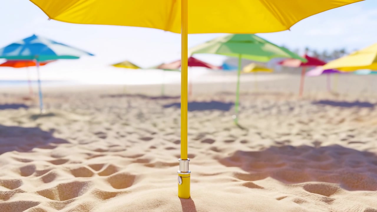 Scena statica di spiaggia con ombrelloni, senza azione osservata, in un'ambientazione di spiaggia soleggiata, con sabbia, ombrelloni colorati, con texture di sabbia e pali di legno per ombrelloni, con accenti gialli e verdi.