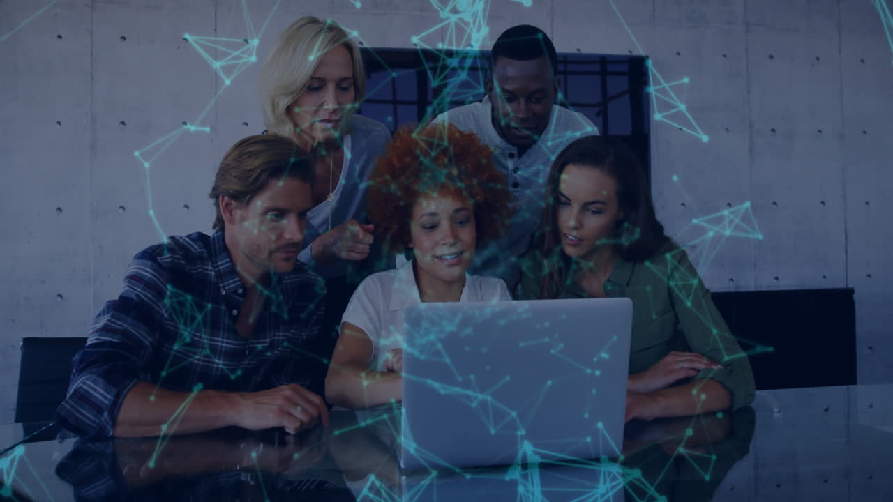 Animation of network of connections over diverse business people in office