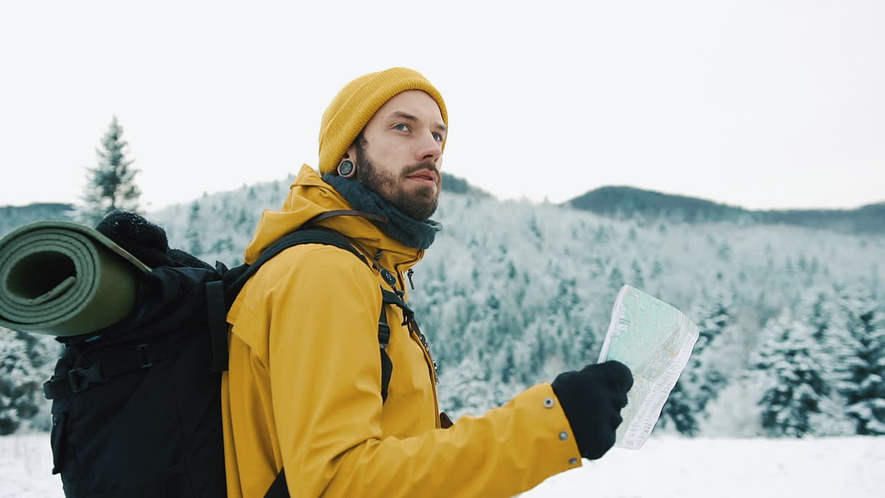 Man hiking in winter