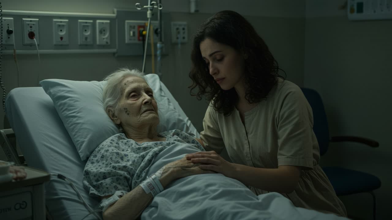 In a quiet hospital room, a young woman sits beside her elderly relative who is lying in a hospital bed. The older woman appears frail, and there are signs of medical care surrounding her. The young woman holds the older woman's hand, showing affection and concern. Soft emotions fill the room as the