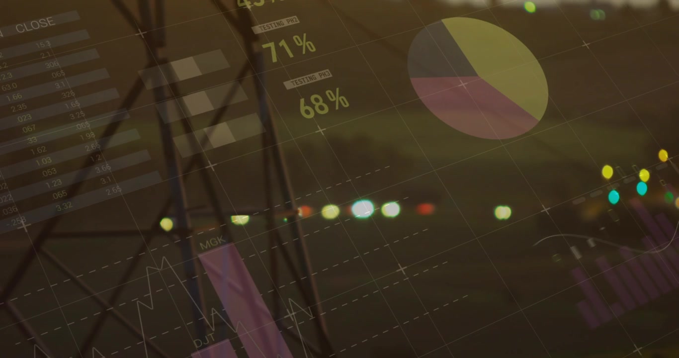 Animation of financial graphs and data over electricity poles at sunset