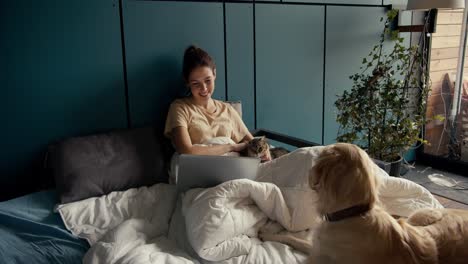 A-brunette-girl-is-lying-on-the-bed-near-her-dog,-stroking-her-cat-and-looking-at-the-screen-of-a-white-laptop.-Holidays-at-home-with-pets