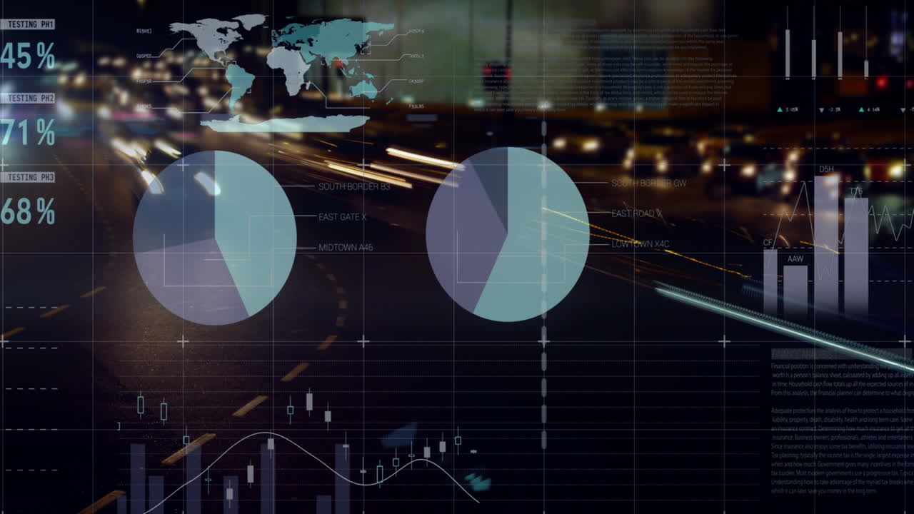 Animation of financial data processing over cityscape