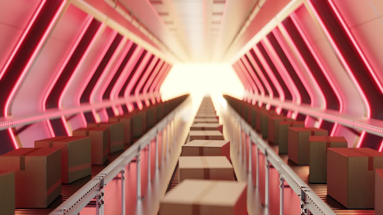 3D animation loop of carton boxes on conveyor system in modern factory