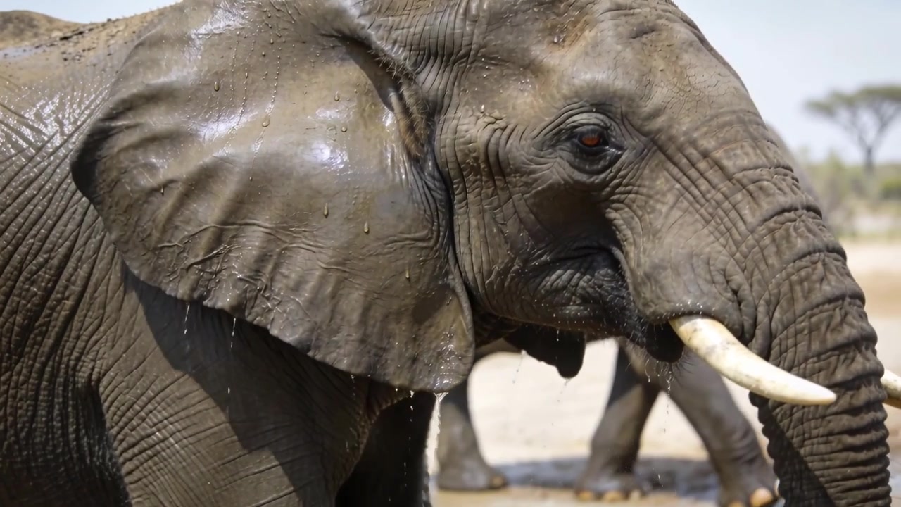 Drikkende voksen afrikansk elefant sænker snabelen ned i et vandhul, køler sin varme hud, øret drypper.