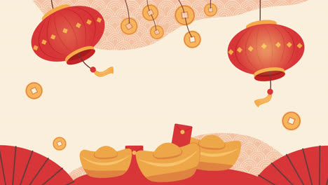 fondo de celebración del año nuevo chino con linternas y lingotes de oro