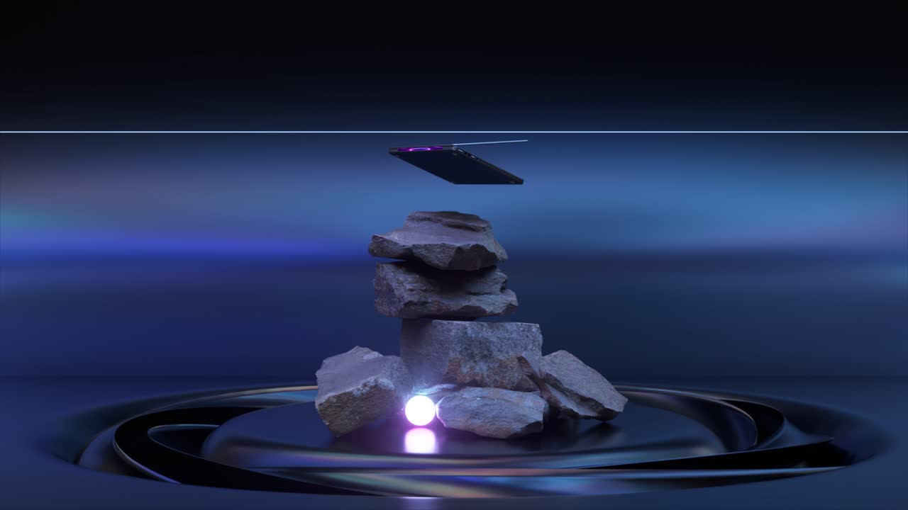 쌓인 바위와 떠다니는 물체와 함께 추상적인 작곡