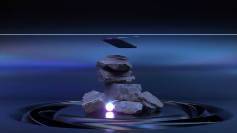 composición abstracta con rocas apiladas y objetos flotantes