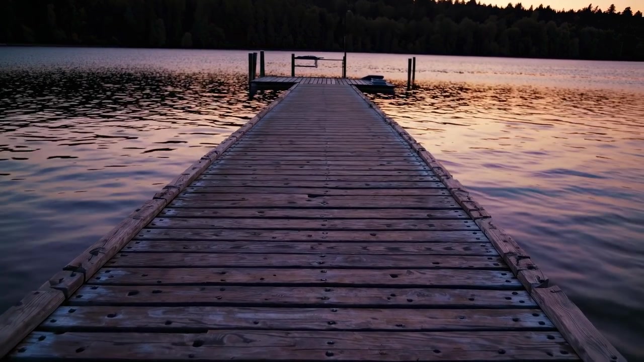 Wooden Pier Extending into a Calm Lake at Sunset