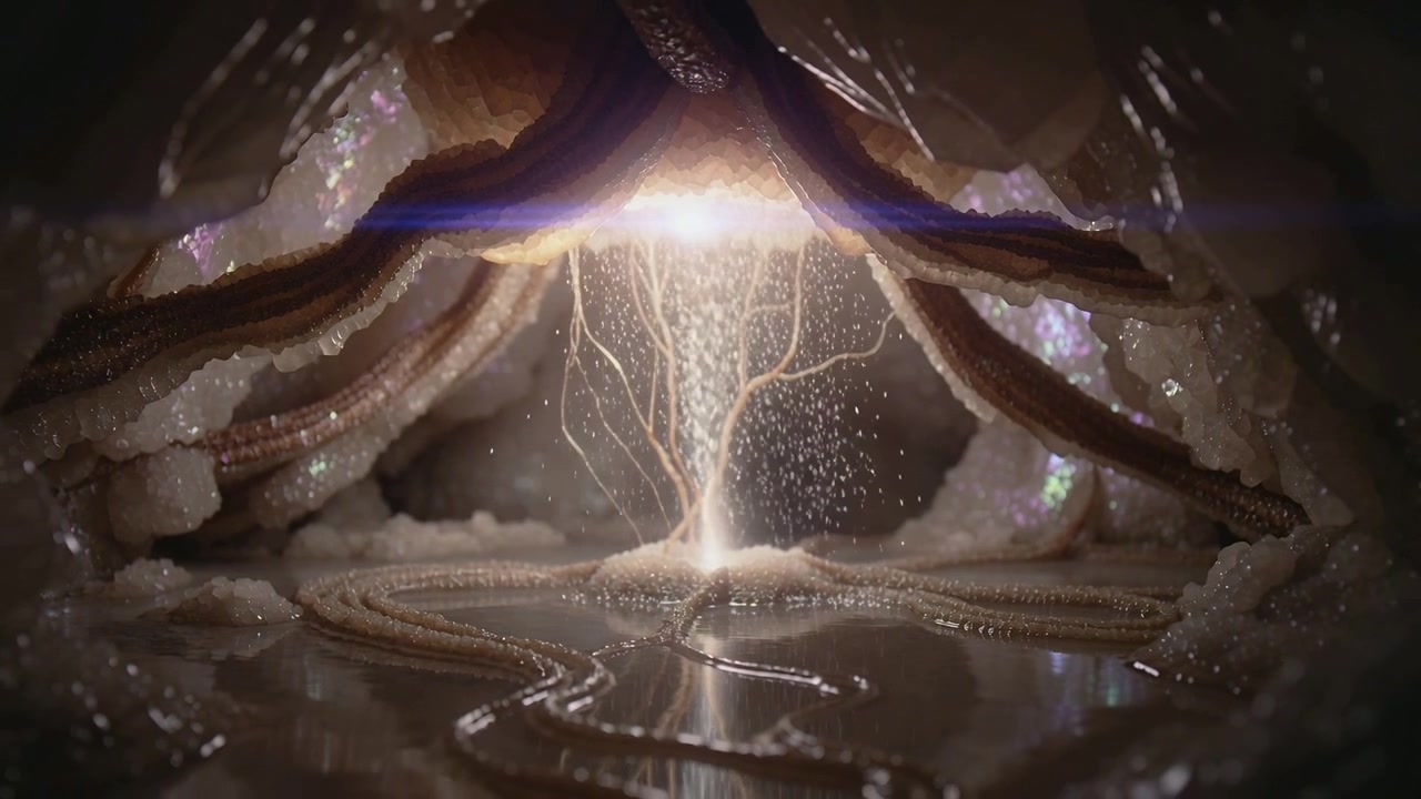 Partículas de luz brilhante caindo dentro de uma caverna de cristal