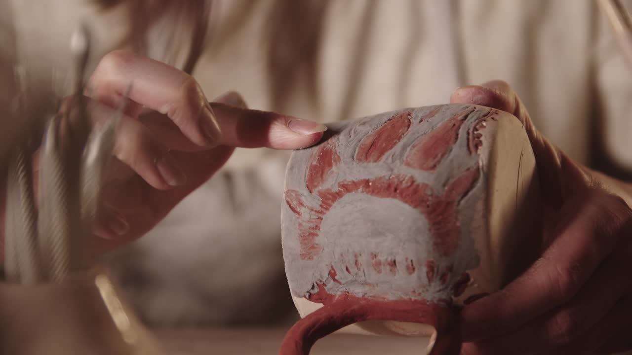 jovem mulher oleiro verificando o desenho na taça de cerâmica com os dedos