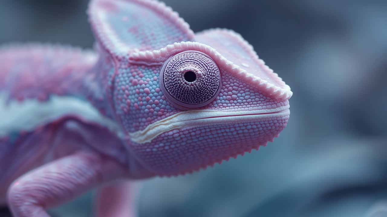 Starting camera in terrarium adjusting exposure highlighting scales, chameleon eye scanning branch