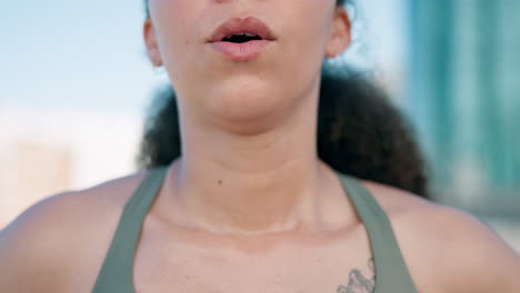 woman, mouth breathing or runner in city