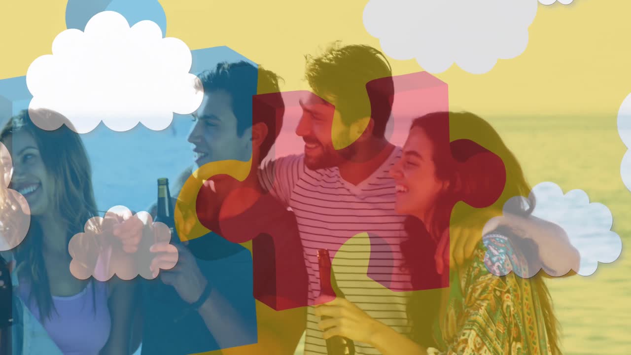 여름 해변 파티에서 행복한 친구들 위에서 다채로운 퍼즐 조각의 애니메이션