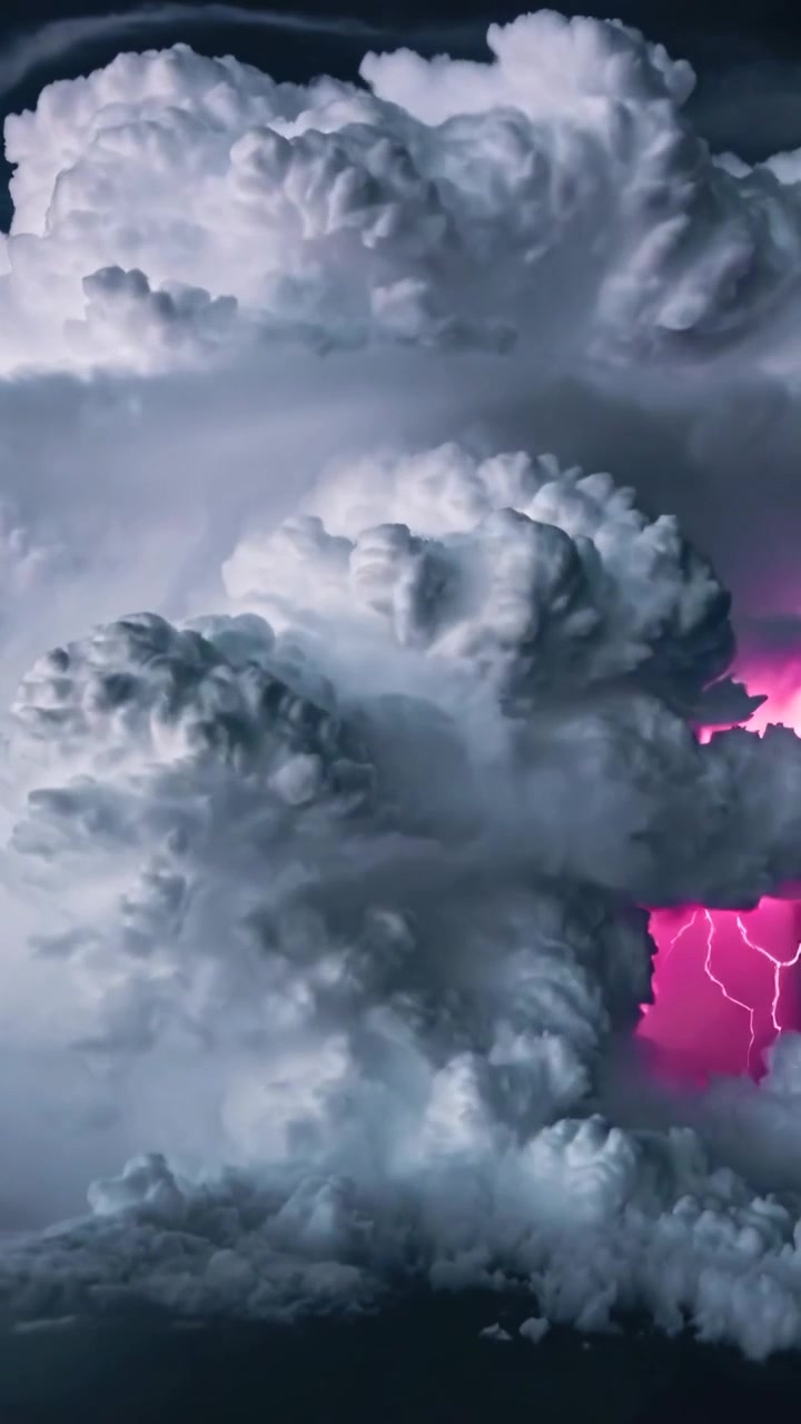 Video verticale: Bagliore magenta crescente che illumina un cumulonembo con fulmini a forcella che lampeggiano nel cielo.