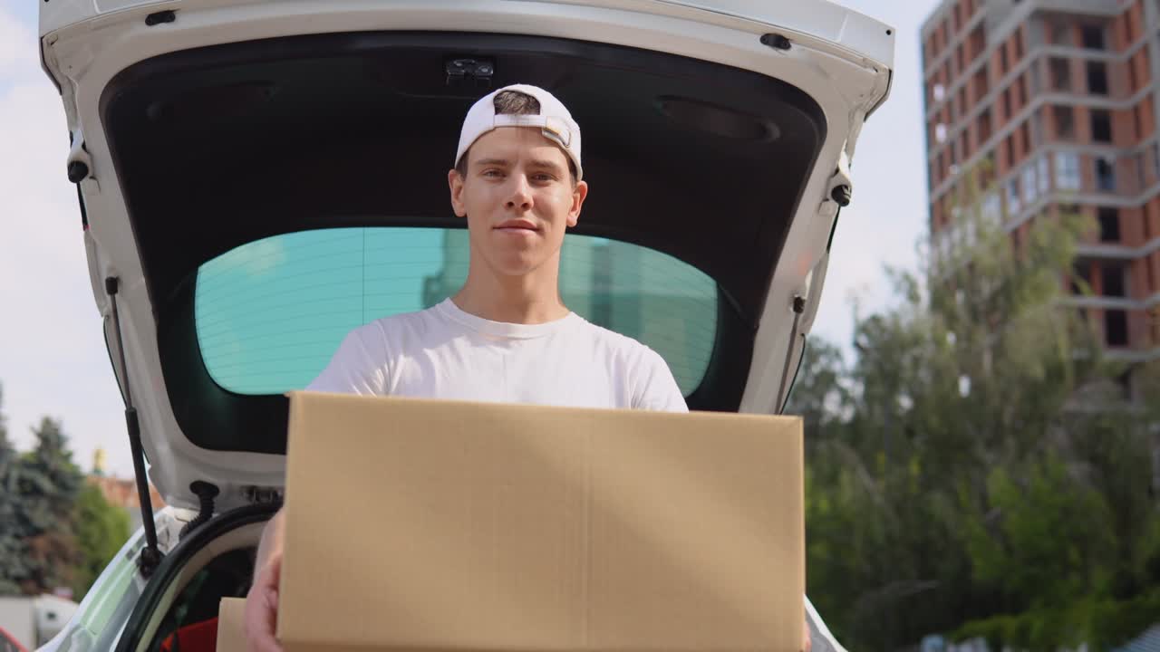 Trasporto e consegna di merci prodotte. Un impiegato tiene una scatola tra le mani e sta accanto a un'auto piena di pacchi.