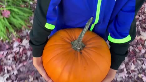 Child-carrying-a-large-pumpkin-with-two-hands-and-walking-over-autumn-leaves-covering-the-ground