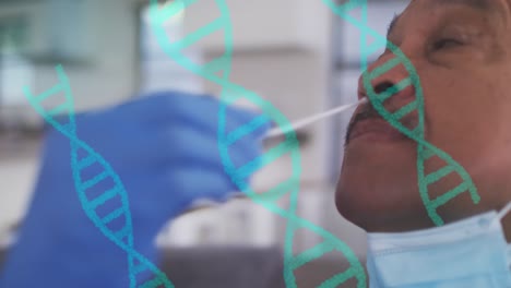 animación de la hélice de adn girando sobre diversos médico insertando un hisopo de algodón en el cuello del hombre mayor