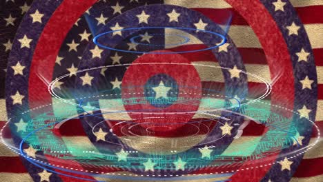 Runde-Scanner-über-Sternen-Auf-Sich-Drehenden-Kreisen-Vor-Der-Wehenden-Amerikanischen-Flagge