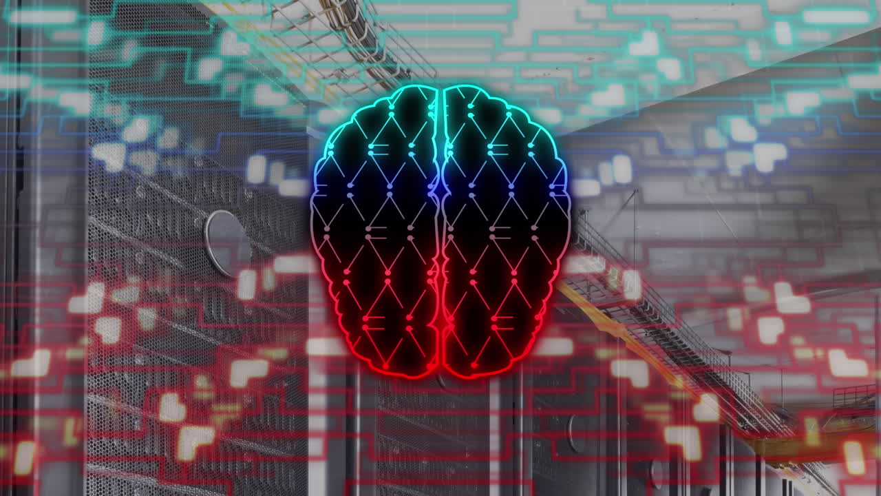 animación del cerebro humano, conexiones y procesamiento de datos a través de servidores informáticos