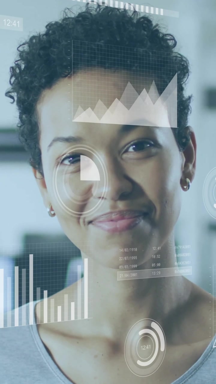 Businesswoman in office with data analytics and charts animation