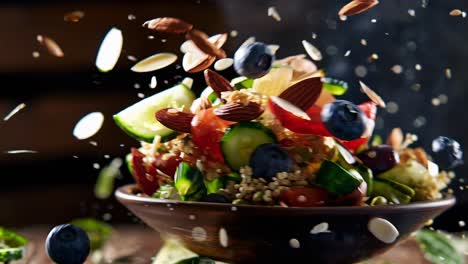 almonds, blueberries, cucumber, tomato, and grains are tossed in the air above a rustic bowl, creating a dynamic and appetizing image of healthy eating