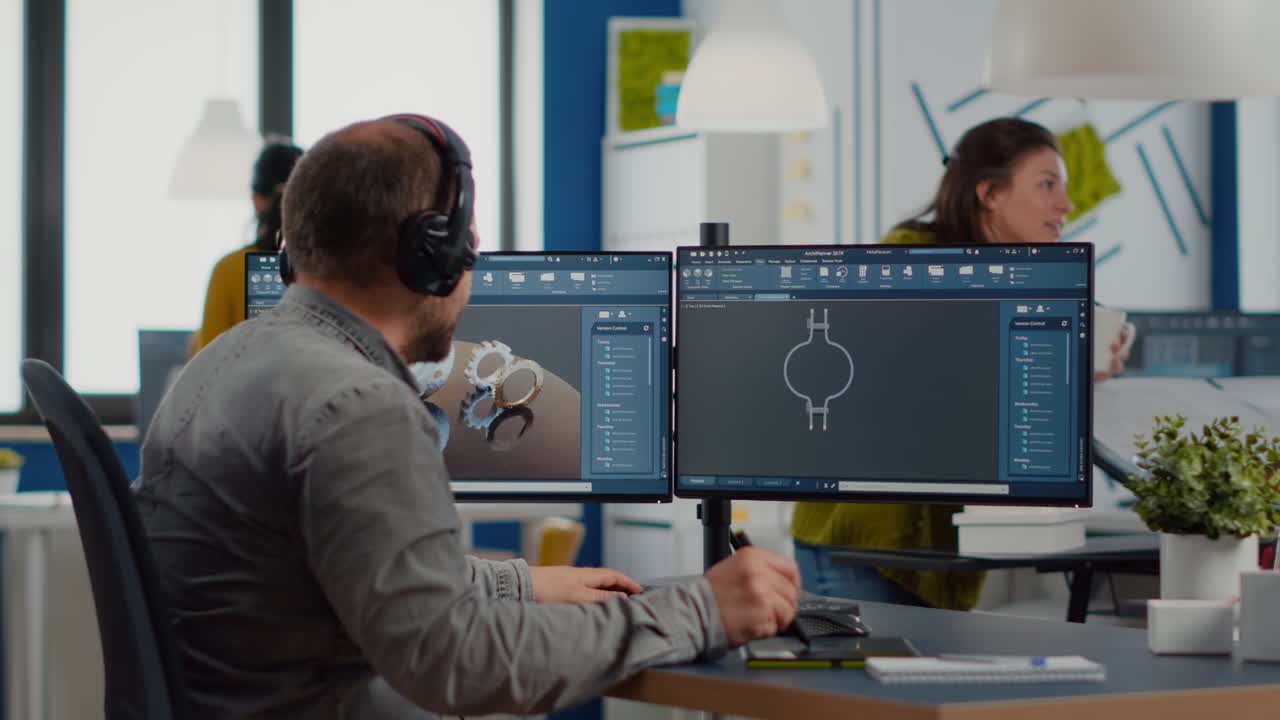 ingegnere che lavora su pc, schermo che mostra software cad con componenti 3d