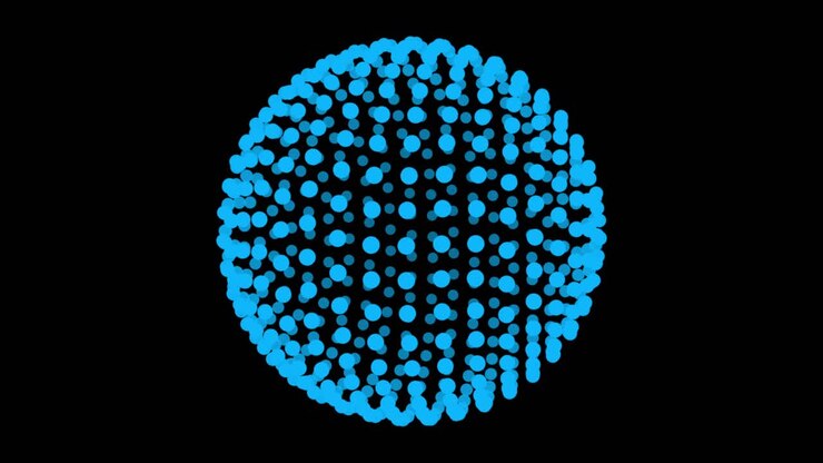 Una sfera composta da centinaia di particelle blu ruota su uno sfondo nero, rappresentazione astratta di una molecola, una rete o un globo di dati