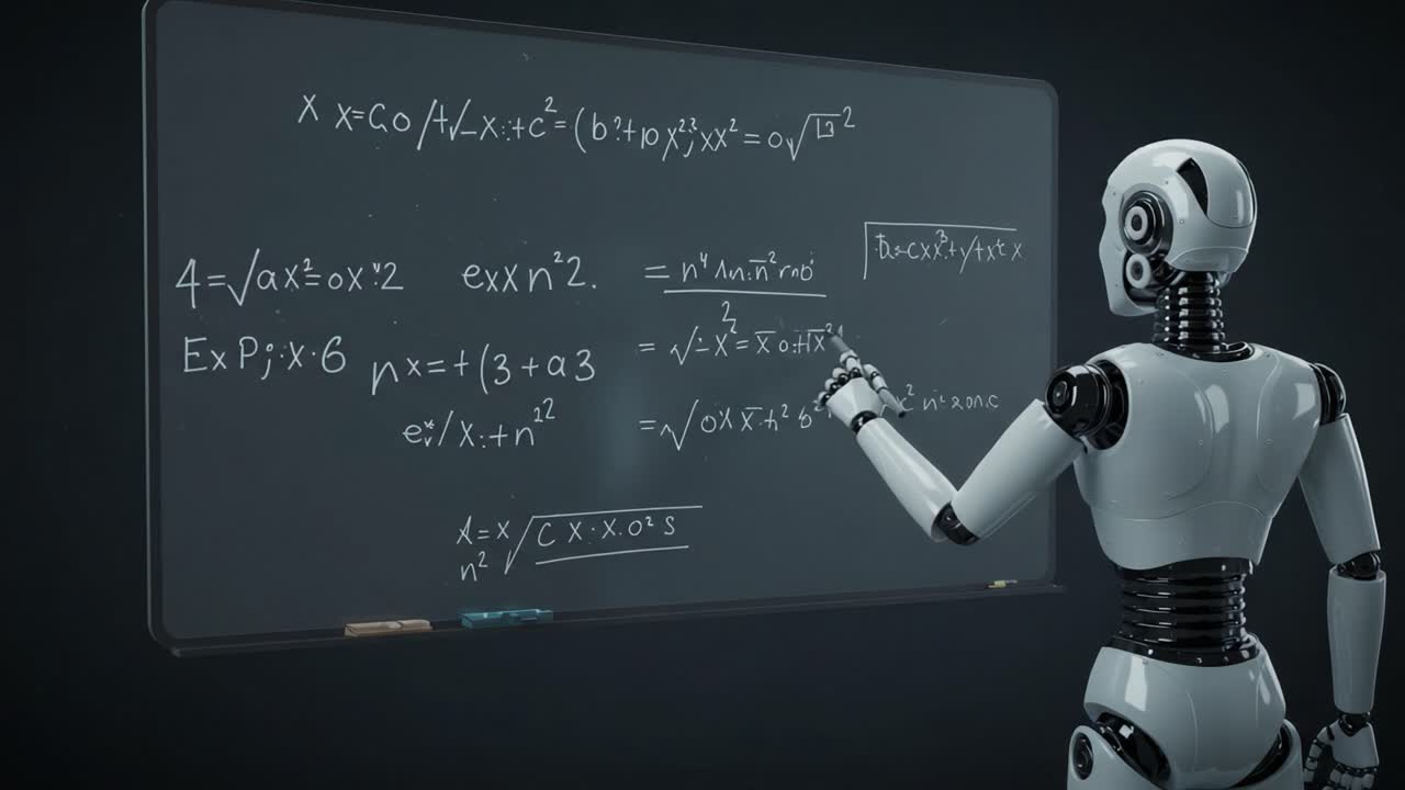 A humanoid robot engaged in complex mathematical calculations on a digital blackboard, demonstrating advancements in artificial intelligence and education