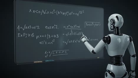 a humanoid robot engaged in complex mathematical calculations on a digital blackboard, demonstrating advancements in artificial intelligence and education