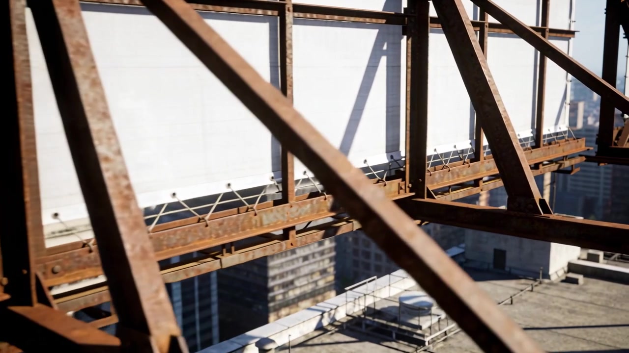 Shifting camera revealing rusted steel billboard truss at roof edge, showing HVAC and white panels