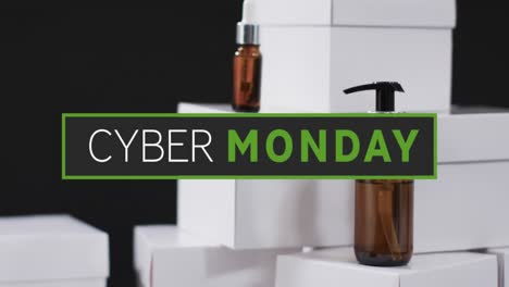 animación de texto de cyber monday sobre cajas y productos de belleza