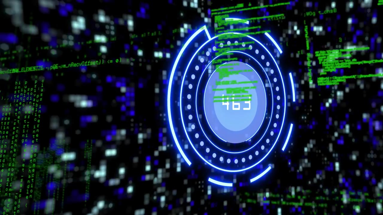 HUD centrale che reagisce al calo di un numero, pulsando e ruotando, con colonne di codice che si spostano e visualizzano una scansione.