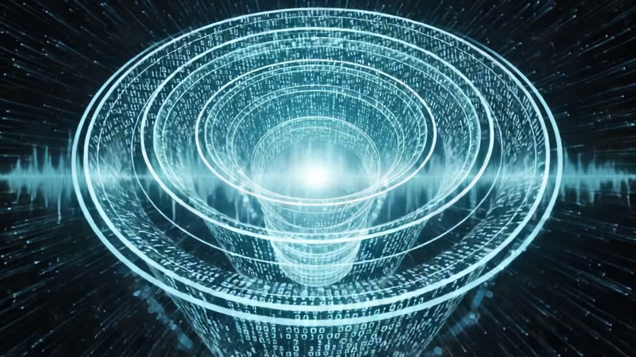 A Visual Representation of Data Waves and Binary Structures Illustrating the Concept of Information Flow and Digital Transformation in a Futuristic Environment
