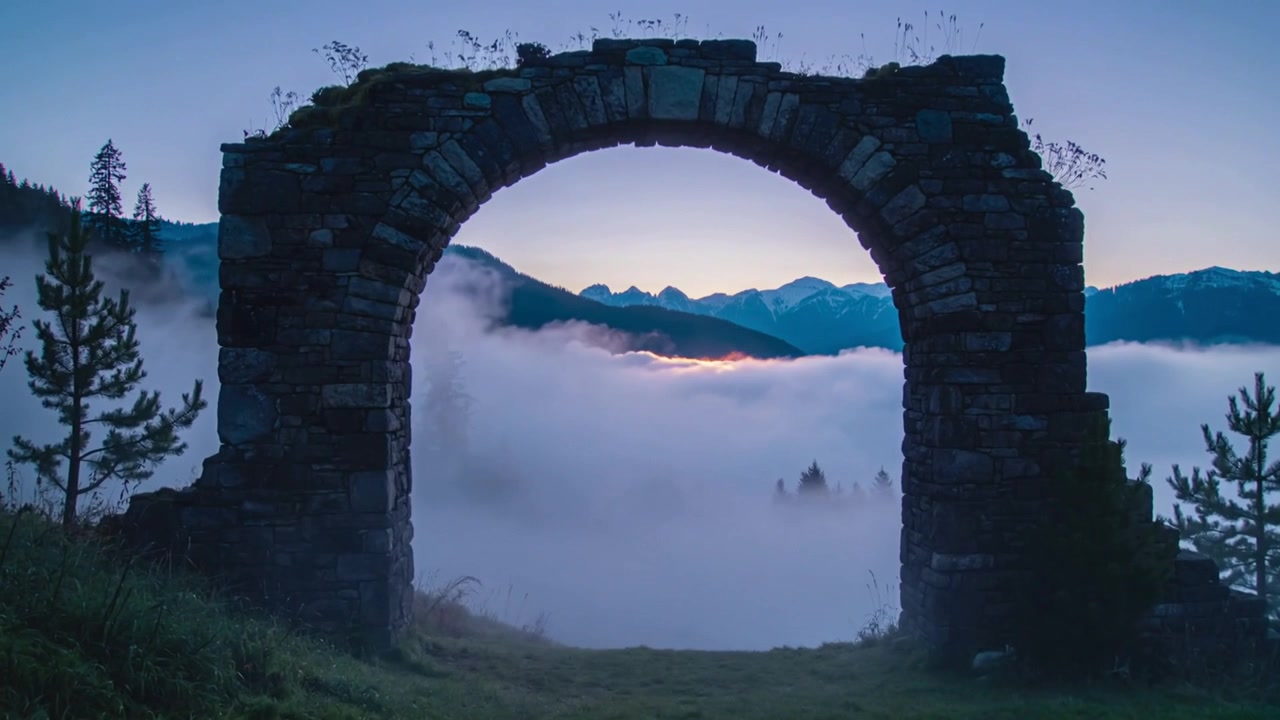 Stone arch framing valley on grassy ridge, sun rising driving fog shifting revealing distant peaks