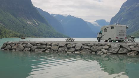 family vacation travel rv, holiday trip in motorhome. beautiful nature norway natural landscape.