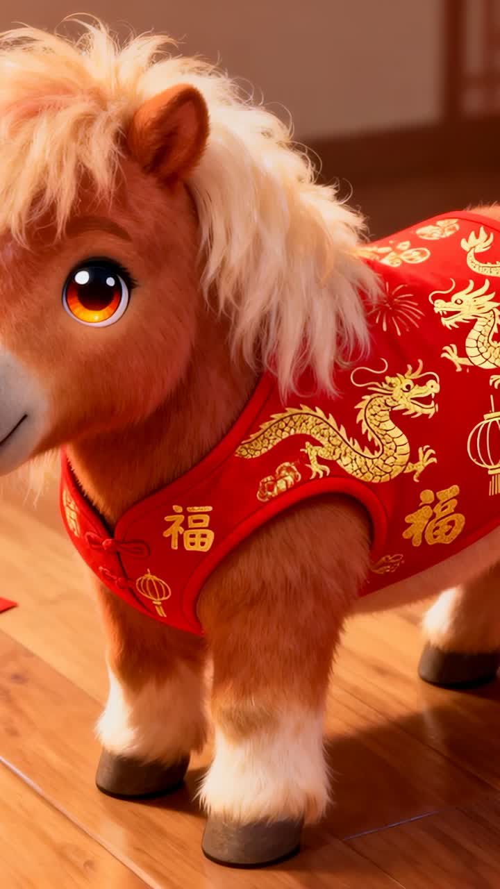 Vertical video: Showing plush pony shifting gaze during tiny camera shift on floor, in red vest ?