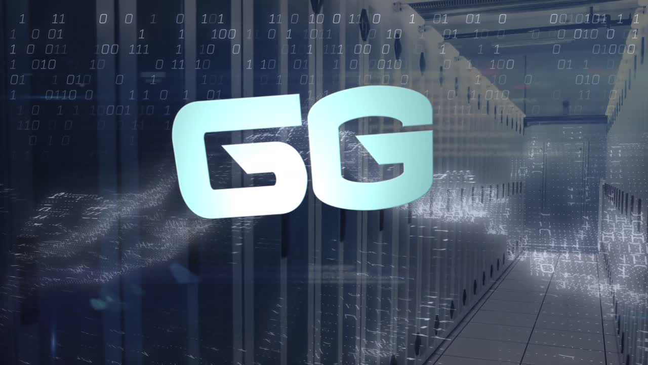 Animation of 6g text, binary codes and dynamic waves over data server room