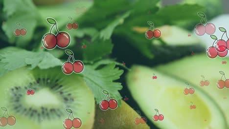 animation of falling cherry over kiwi, avocado and parsley