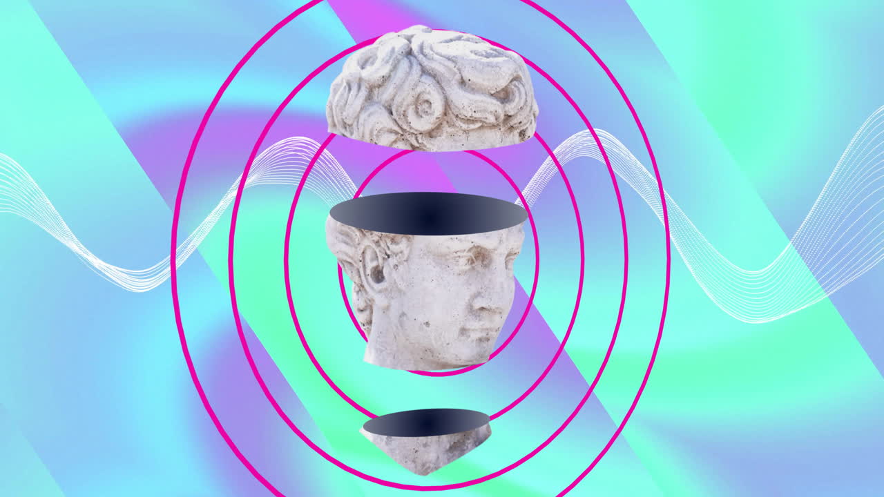 Animation of ancient sculpture head moving over circles and waving multi coloured background