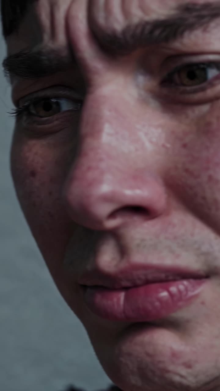 Close-up video shot of a person's expressive face, capturing intense emotion