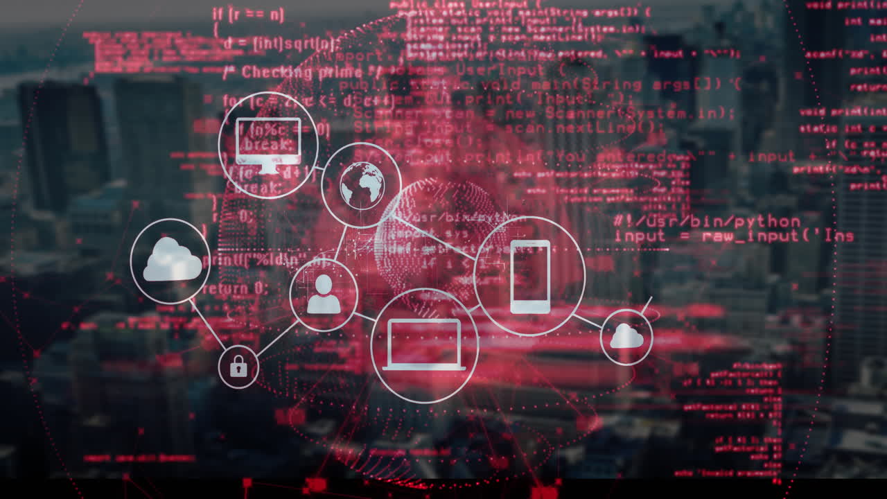 Animation of digital network icons with red coding over cityscape data processing