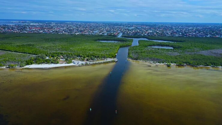 Un canale di acqua costiera scorre dalla spiaggia di sabbia attraverso la verde palude fino a una città densa con edifici residenziali e commerciali sotto un cielo grigio e nuvoloso, mostrando l'interfaccia naturale e urbana